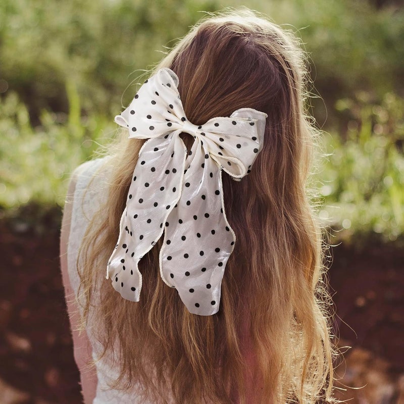 STSTR 2Pcs Large Hair Bow Clips, Silk Yarn Ribbon Bow Hair Barrette for Women, Elegant Long Tail Bowknot French Hair Accessories for Wedding, Parties, Festivals (White Bow Black Dots) - Image 5